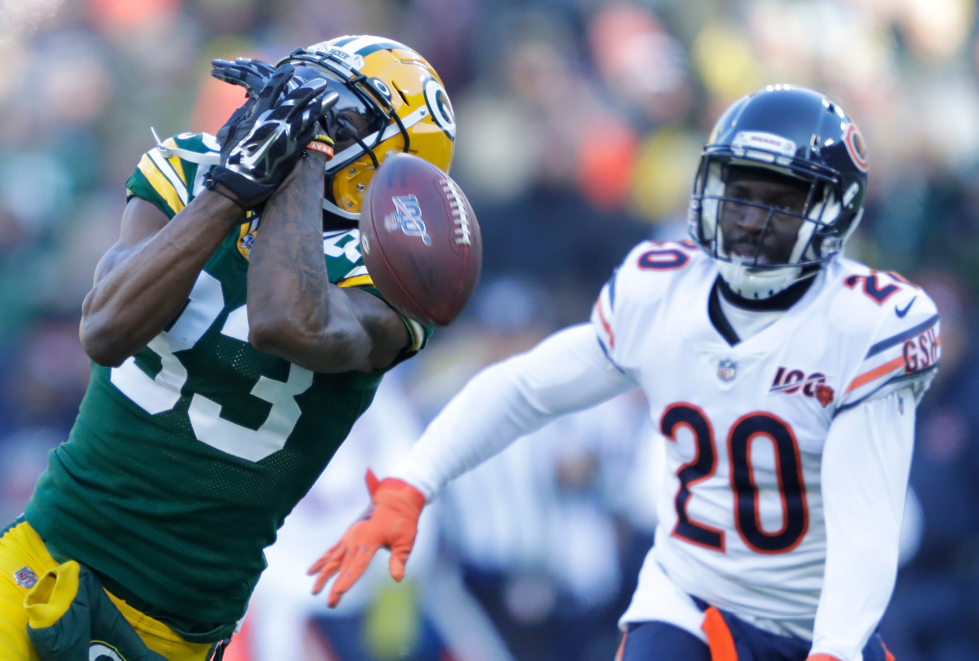 Green Bay Packers wide receiver Marquez Valdes-Scantling (83) drops a pass in the first quarter as he is covered by Chicago Bears cornerback Prince Amukamara (20) Sunday, December 15, 2019, at Lambeau Field in Green Bay, Wis.