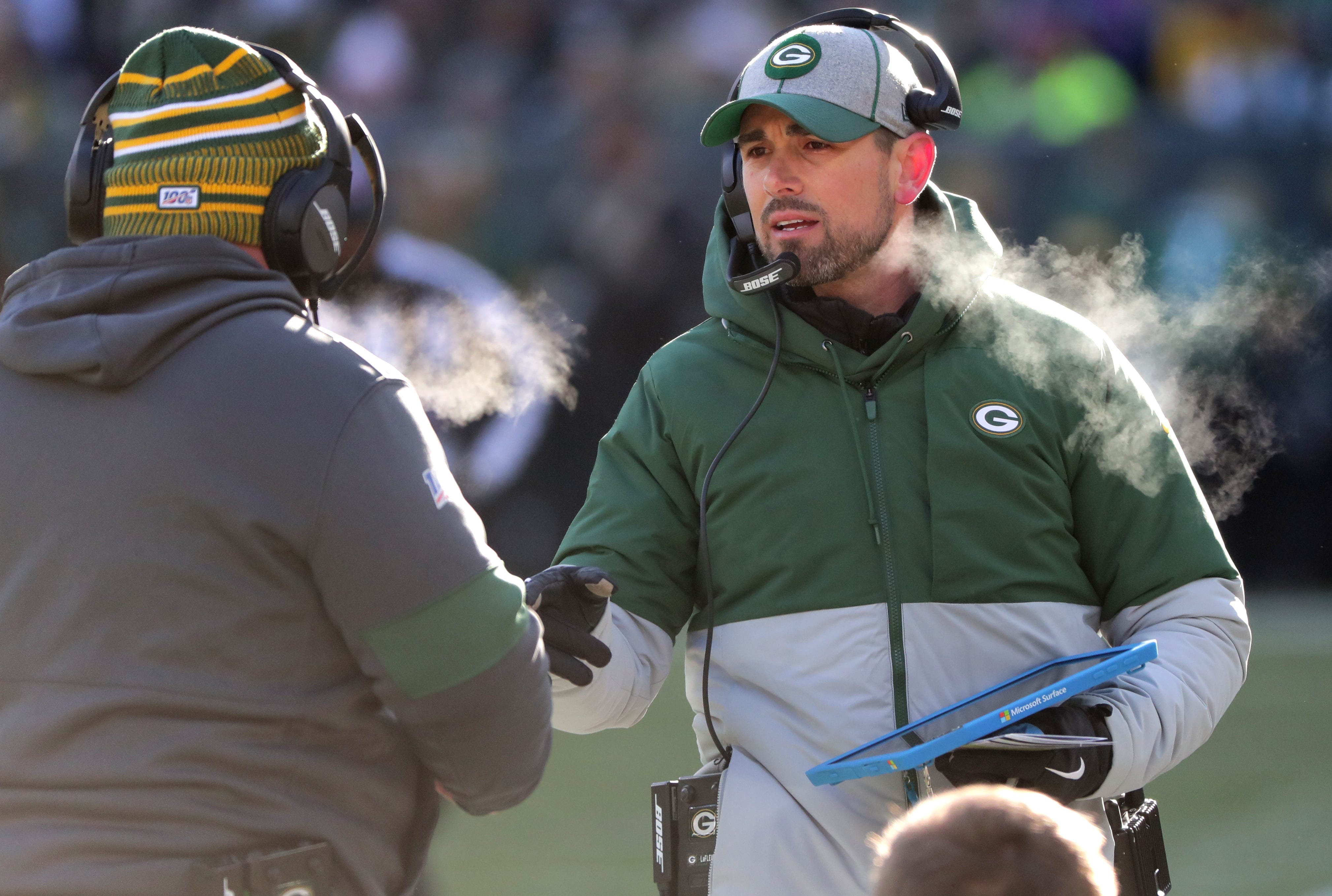 Green Bay Packers head coach Matt LaFleur is shown during the first  quarter of their game Sunday, December 15, 2019 at Lambeau Field in Green Bay, Wis. The Green Bay Packers beat the Chicago Bears 21-13.