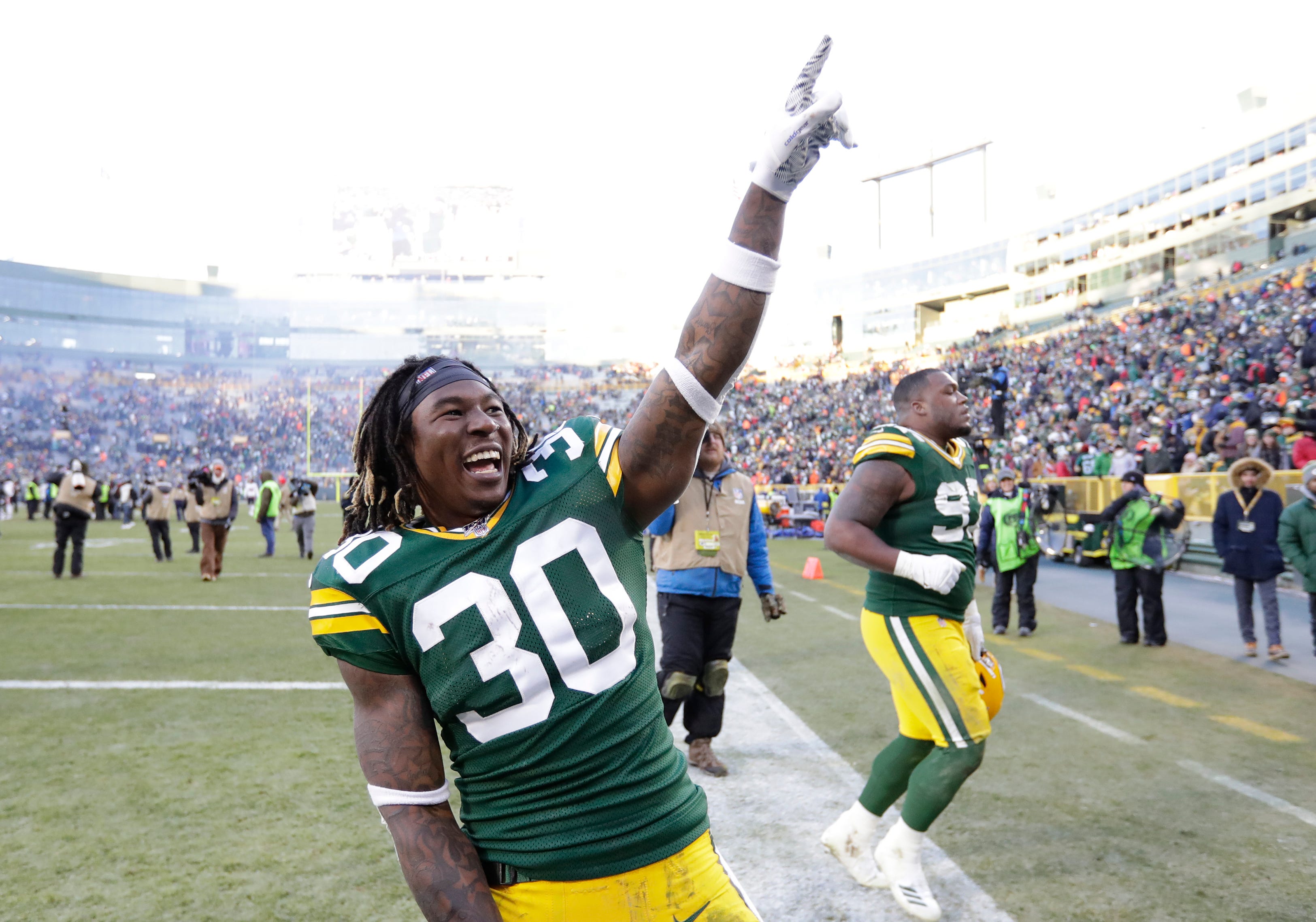 Green Bay Packers running back Jamaal Williams (30) celebrates a victory against the Chicago Bears Sunday, December 15, 2019, at Lambeau Field in Green Bay, Wis.