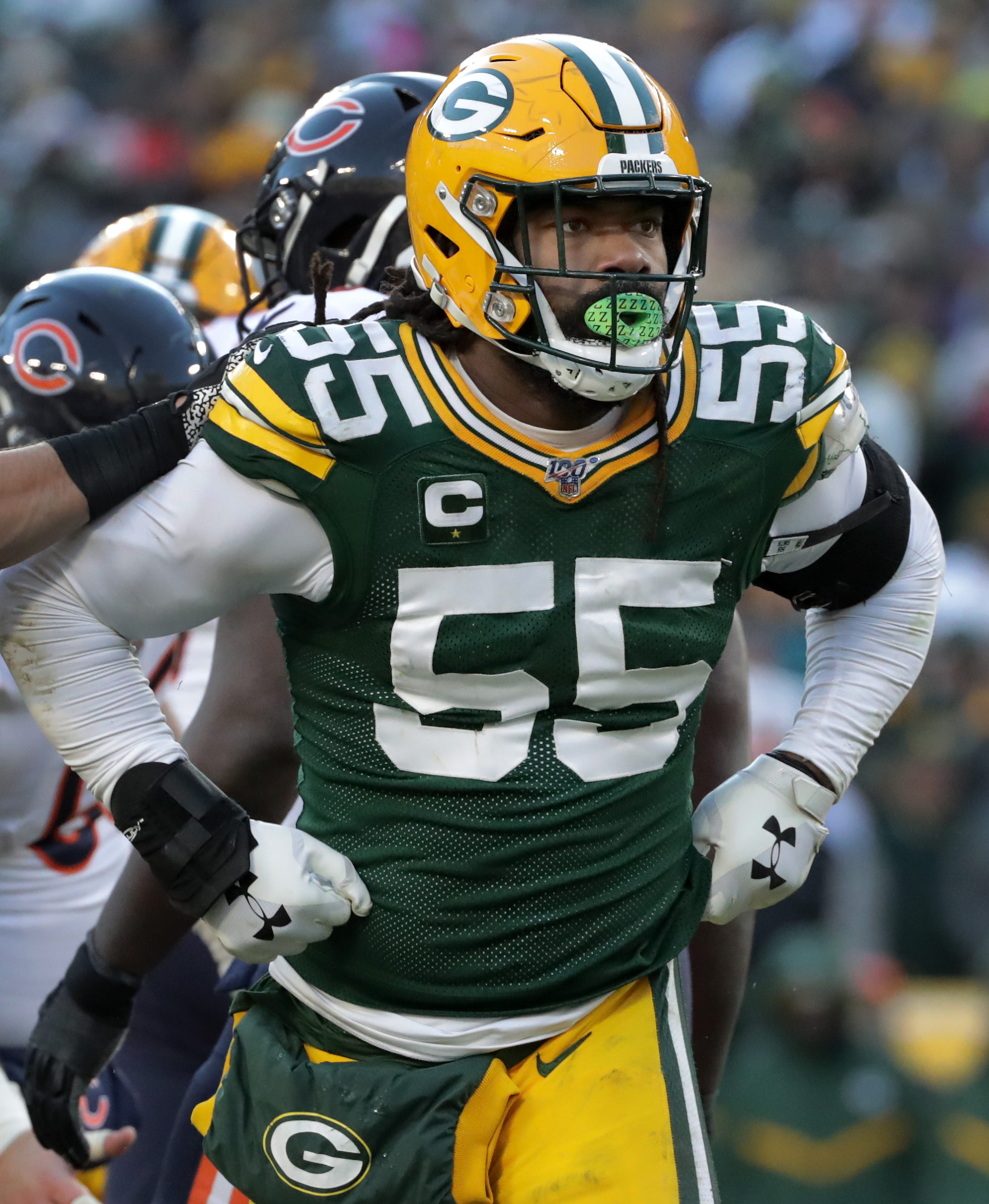 Green Bay Packers outside linebacker Za'Darius Smith (55) against the Chicago Bears during their football game on Sunday, December 15, 2019, at Lambeau Field in Green Bay, Wis.