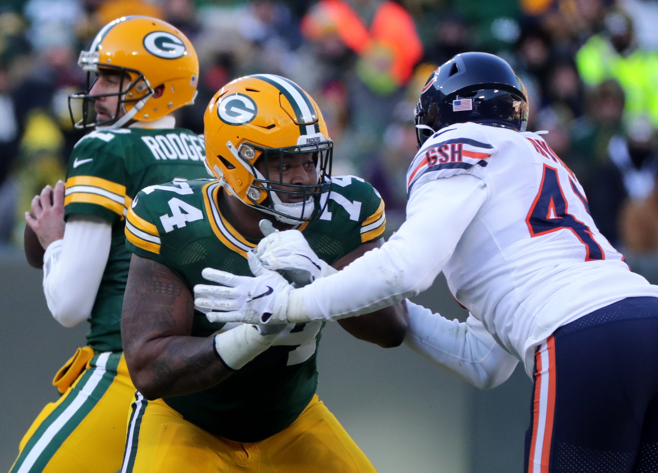 Green Bay Packers offensive guard Elgton Jenkins (74) provides pass protection while blocking Chicago Bears linebacker Isaiah Irving (47) during the third quarter of their game Sunday, December 15, 2019 at Lambeau Field in Green Bay, Wis. The Green Bay Packers beat the Chicago Bears 21-13.