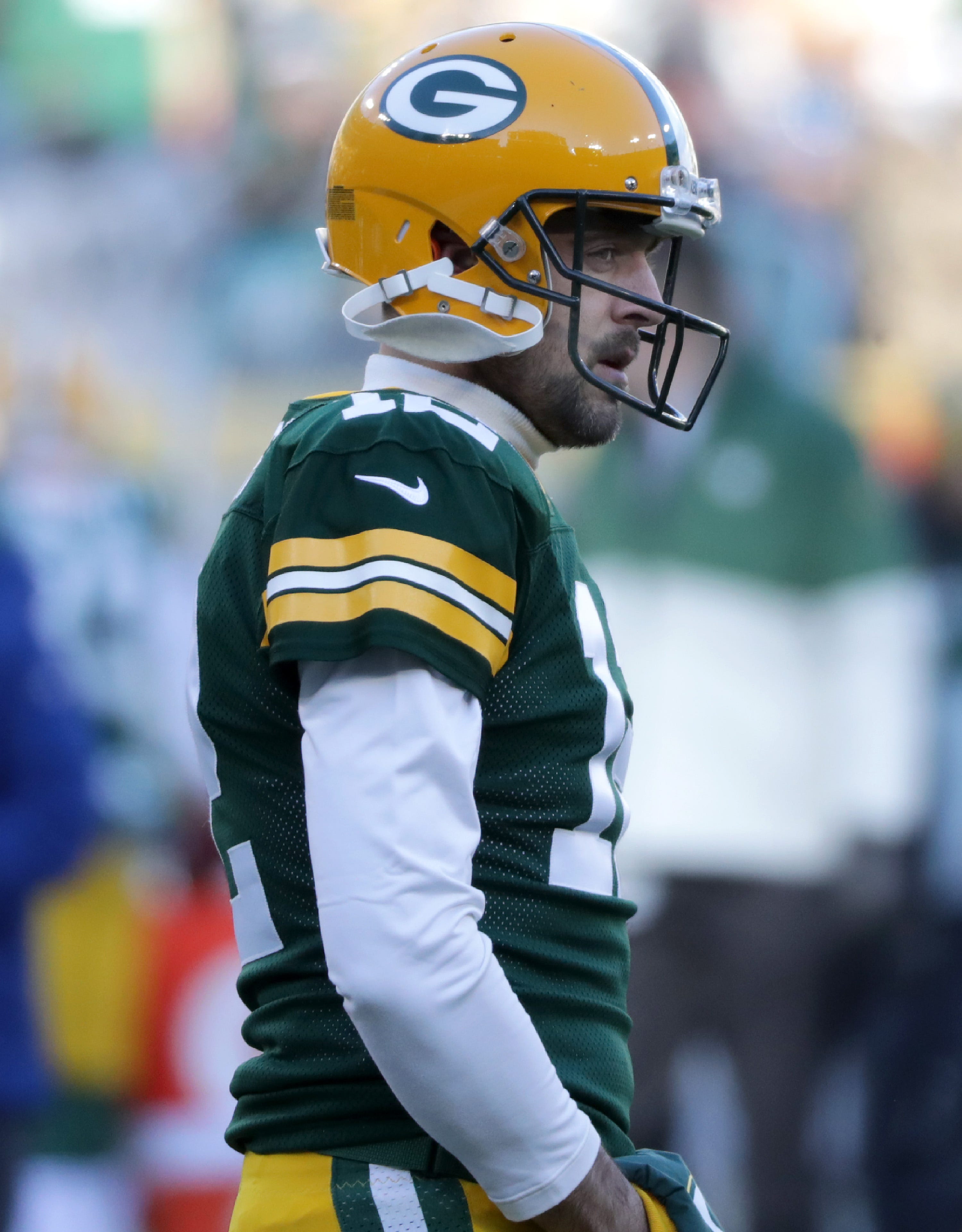 Green Bay Packers quarterback Aaron Rodgers (12) warms up before the Packers host the Chicago Bears on Sunday, December 15, 2019, at Lambeau Field in Green Bay, Wis.