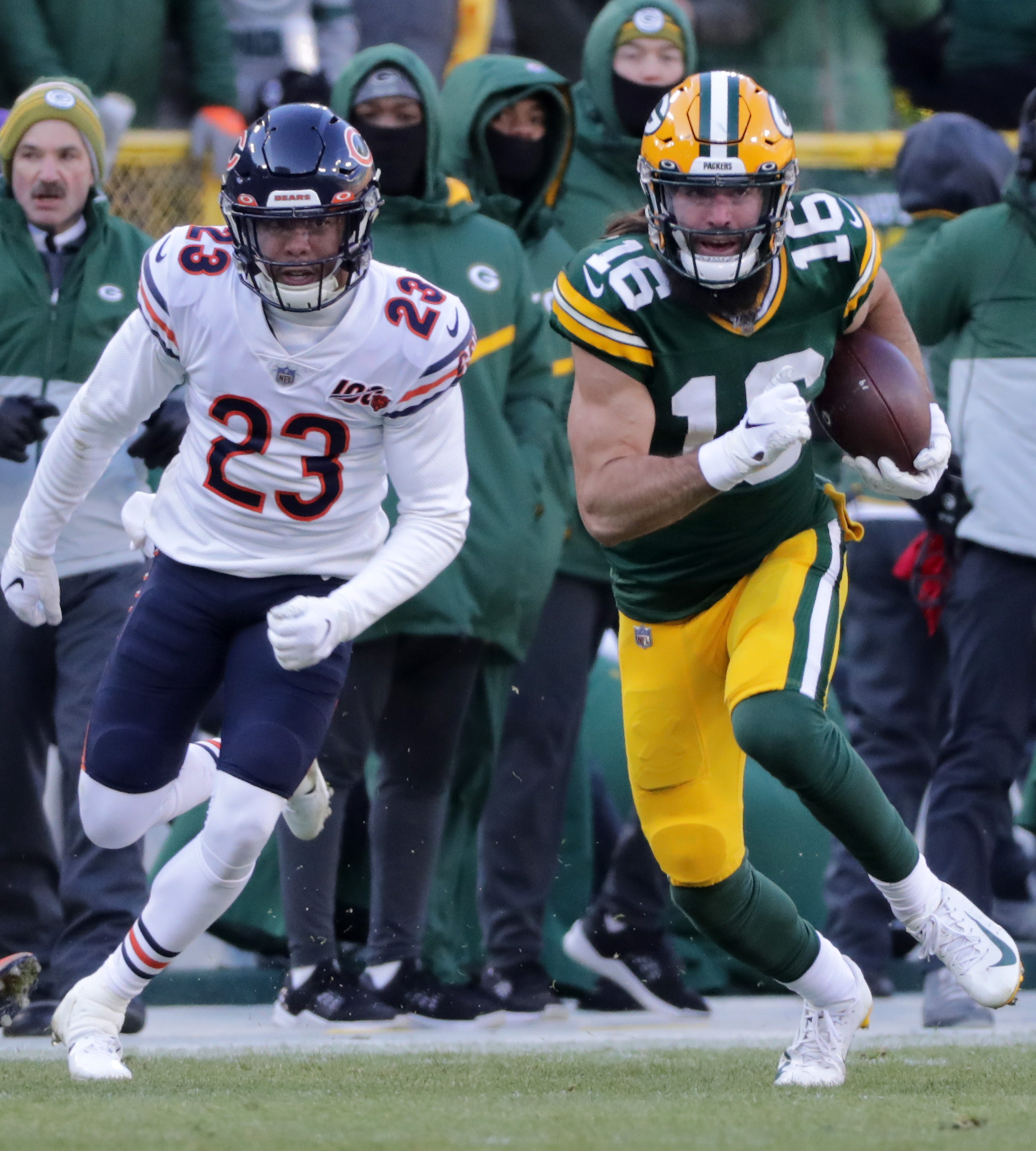 Green Bay Packers wide receiver Jake Kumerow (16) catches a pass against the Chicago Bears during their football game on Sunday, December 15, 2019, at Lambeau Field in Green Bay, Wis.