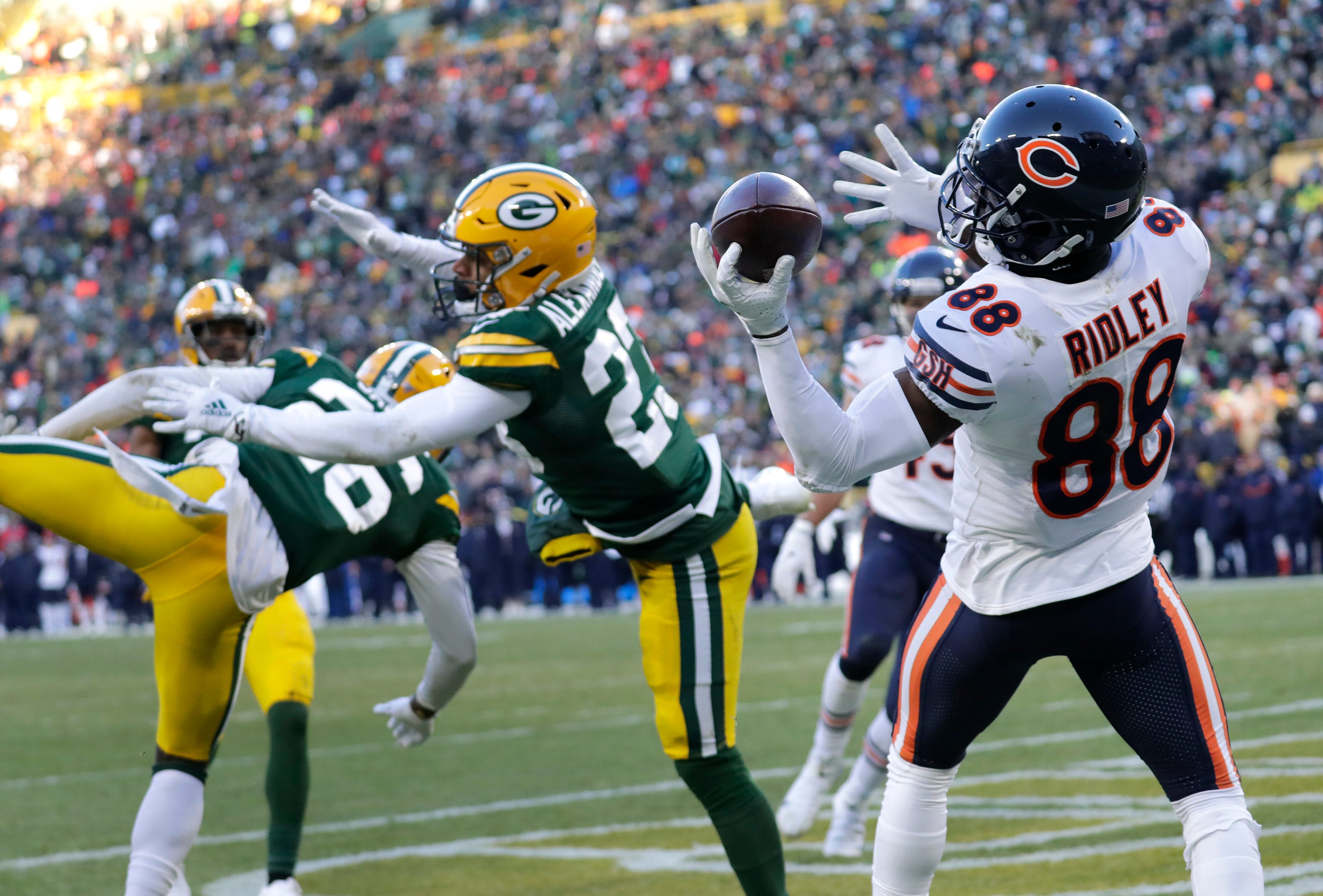Chicago Bears wide receiver Riley Ridley (88) can't catch a pass to the back of the end zone on the second to last play of the game against Green Bay Packers free safety Darnell Savage (26) and Jaire Alexander (23) Sunday, December 15, 2019, at Lambeau Field in Green Bay, Wis.