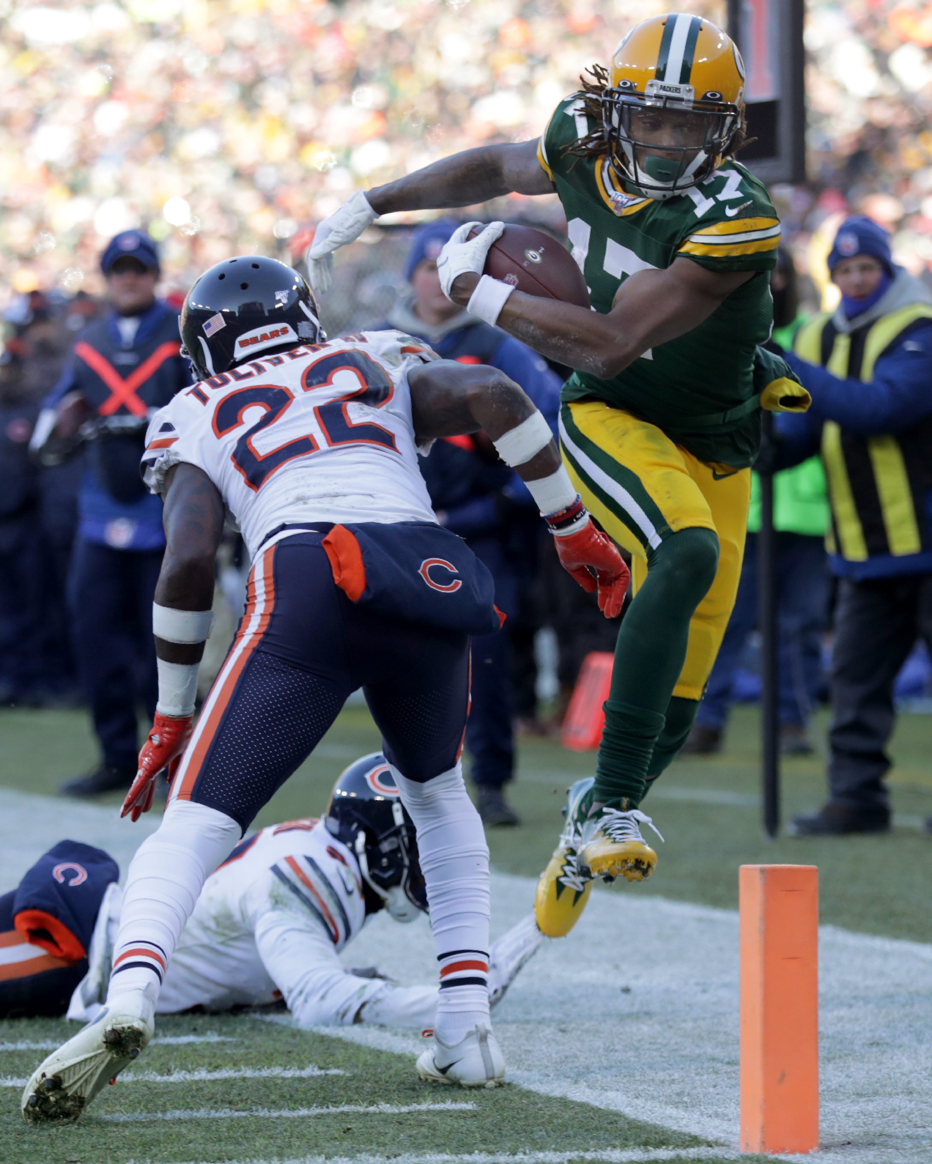 Chicago Bears defensive back Kevin Toliver (22) pushes Green Bay Packers wide receiver Davante Adams (17) out of bounds at the goal line during football game on Sunday, December 15, 2019, at Lambeau Field in Green Bay, Wis.