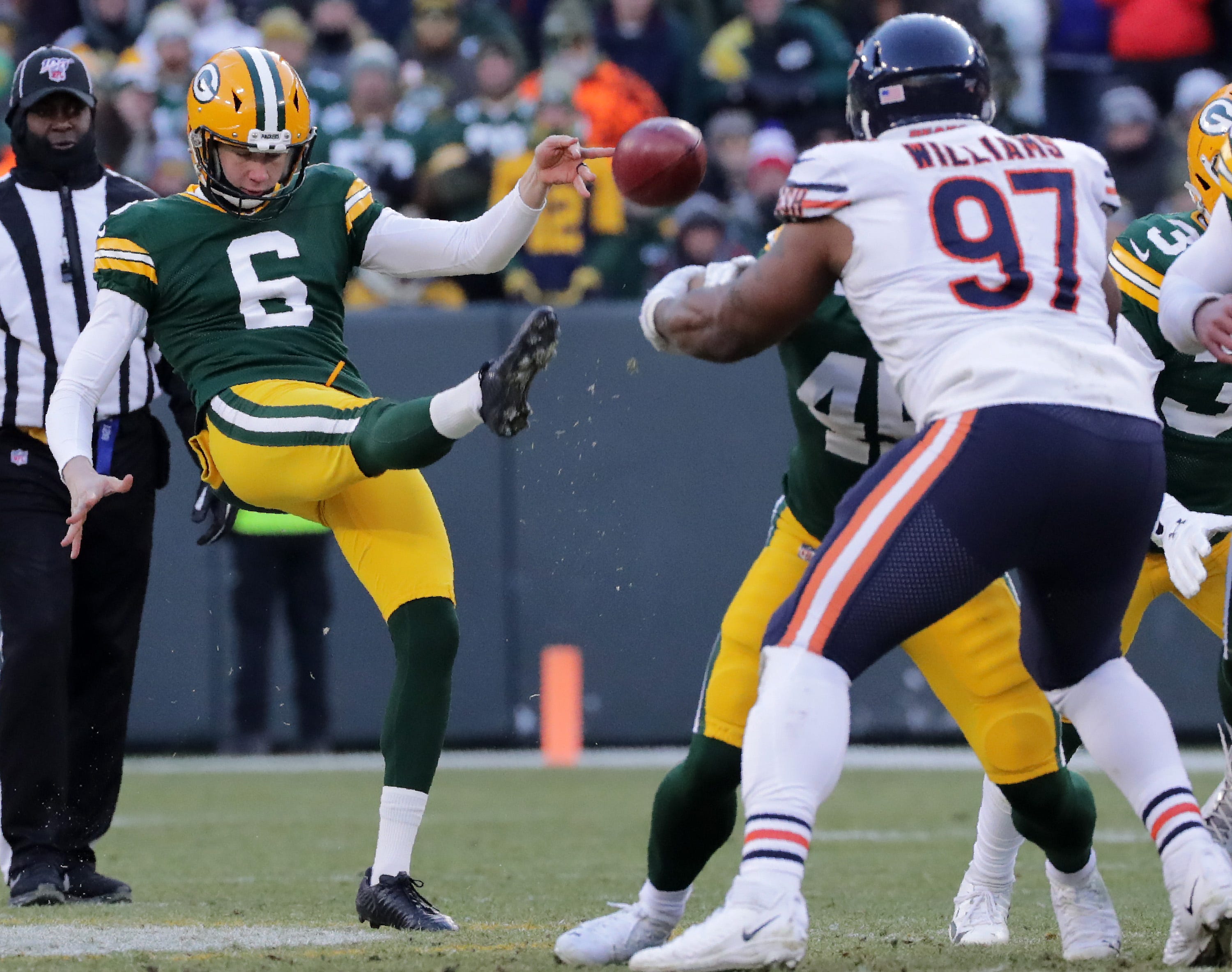 Green Bay Packers punter J.K. Scott (6) against the Chicago Bears during their football game on Sunday, December 15, 2019, at Lambeau Field in Green Bay, Wis.