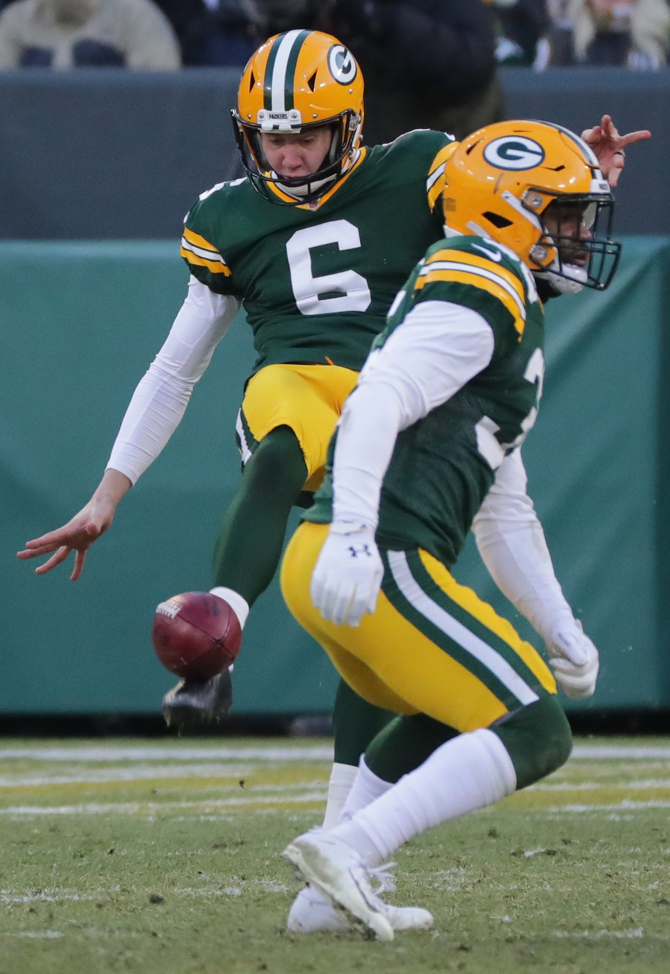 Green Bay Packers punter J.K. Scott (6) punts the ball during the fourth quarter of their game Sunday, December 15, 2019 at Lambeau Field in Green Bay, Wis. The Green Bay Packers beat the Chicago Bears 21-13.
