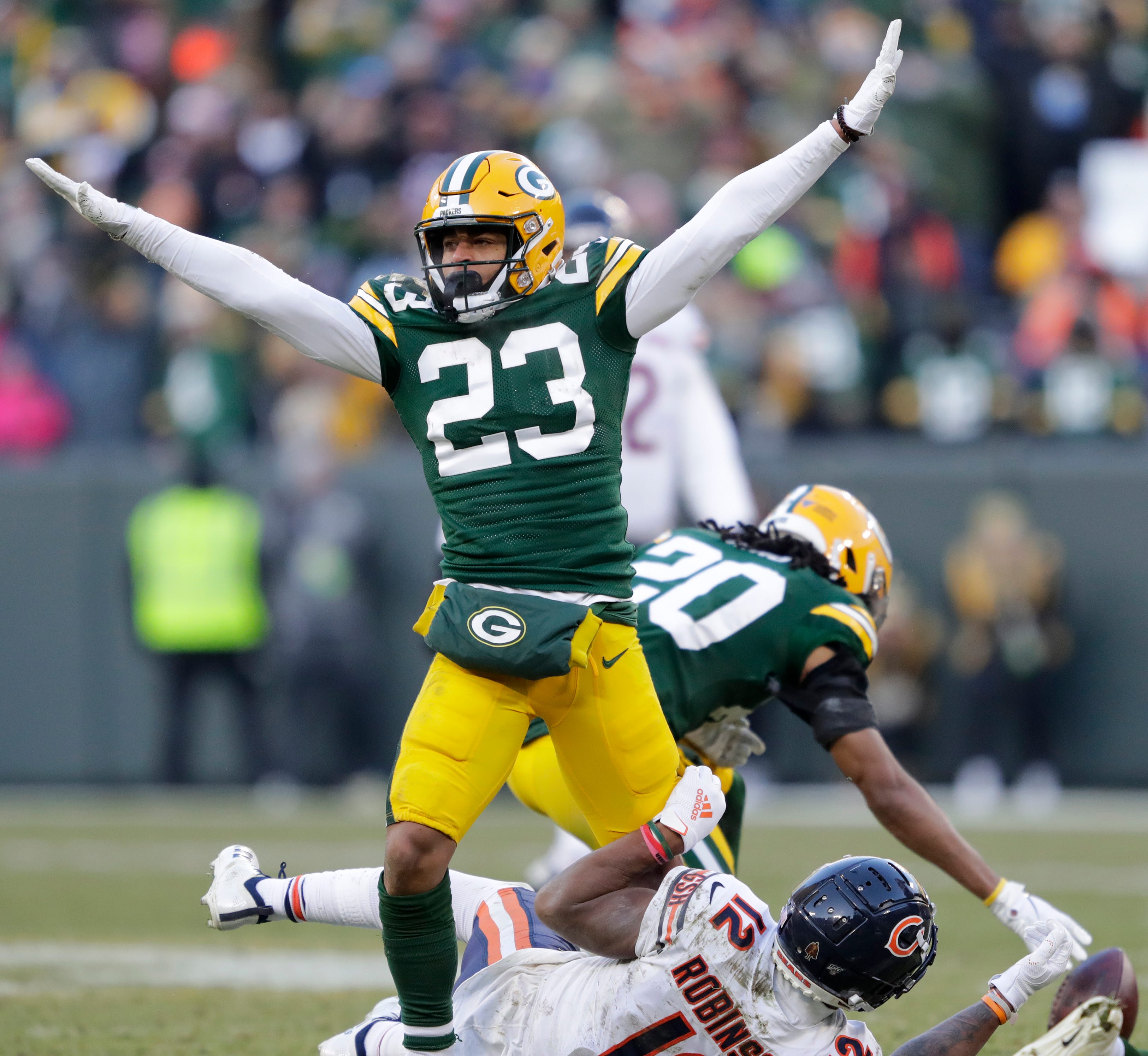 Green Bay Packers cornerback Jaire Alexander (23) celebrates breaking up a pass intended for Chicago Bears wide receiver Allen Robinson (12) with less than two minutes left in the game Sunday, December 15, 2019, at Lambeau Field in Green Bay, Wis.