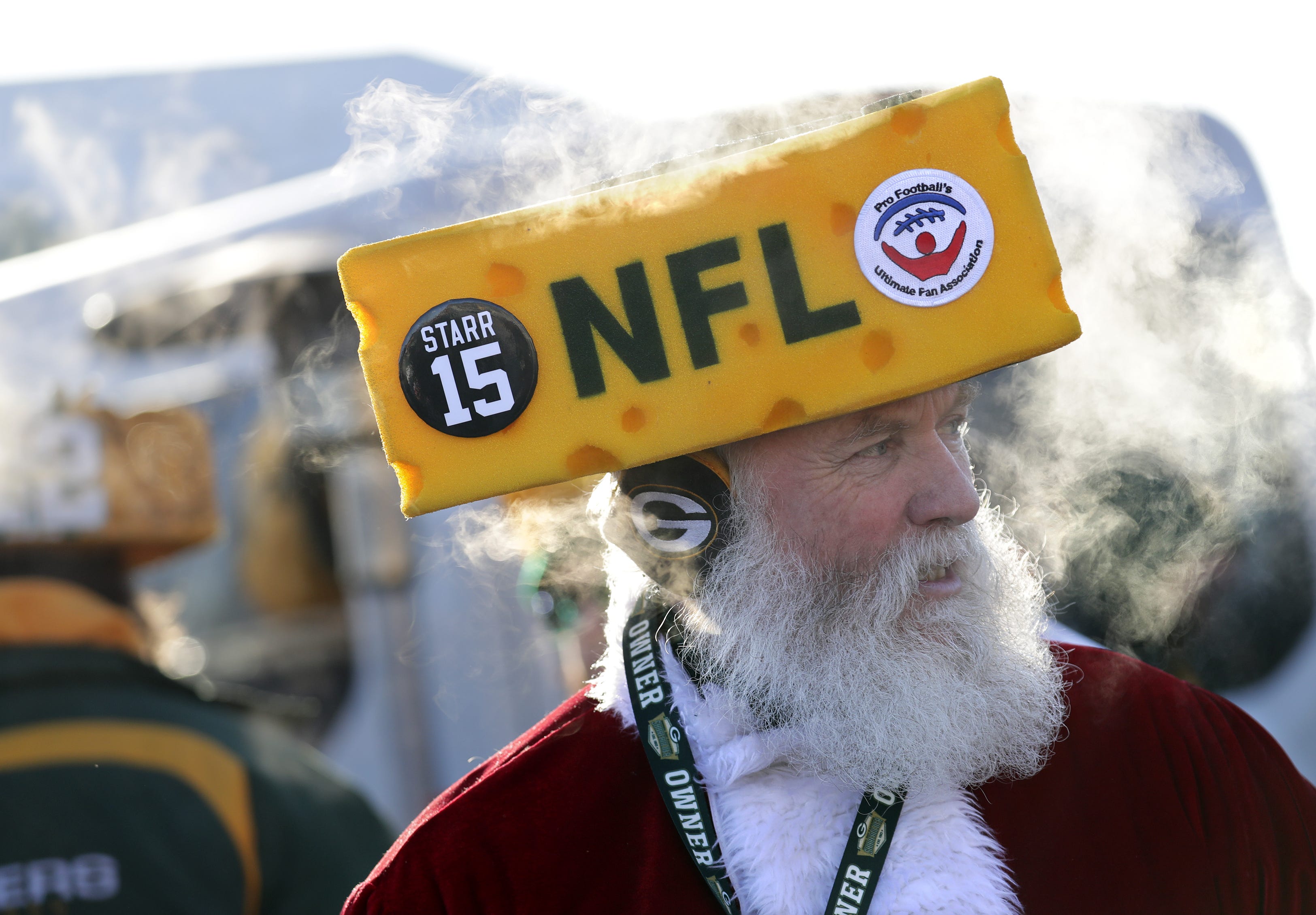 Steve Tate of DeForest dons his Santa outfit while tailgating prior to the Green Bay Packers playing against the Chicago Bears Sunday, December 15, 2019, at Lambeau Field in Green Bay, Wis.