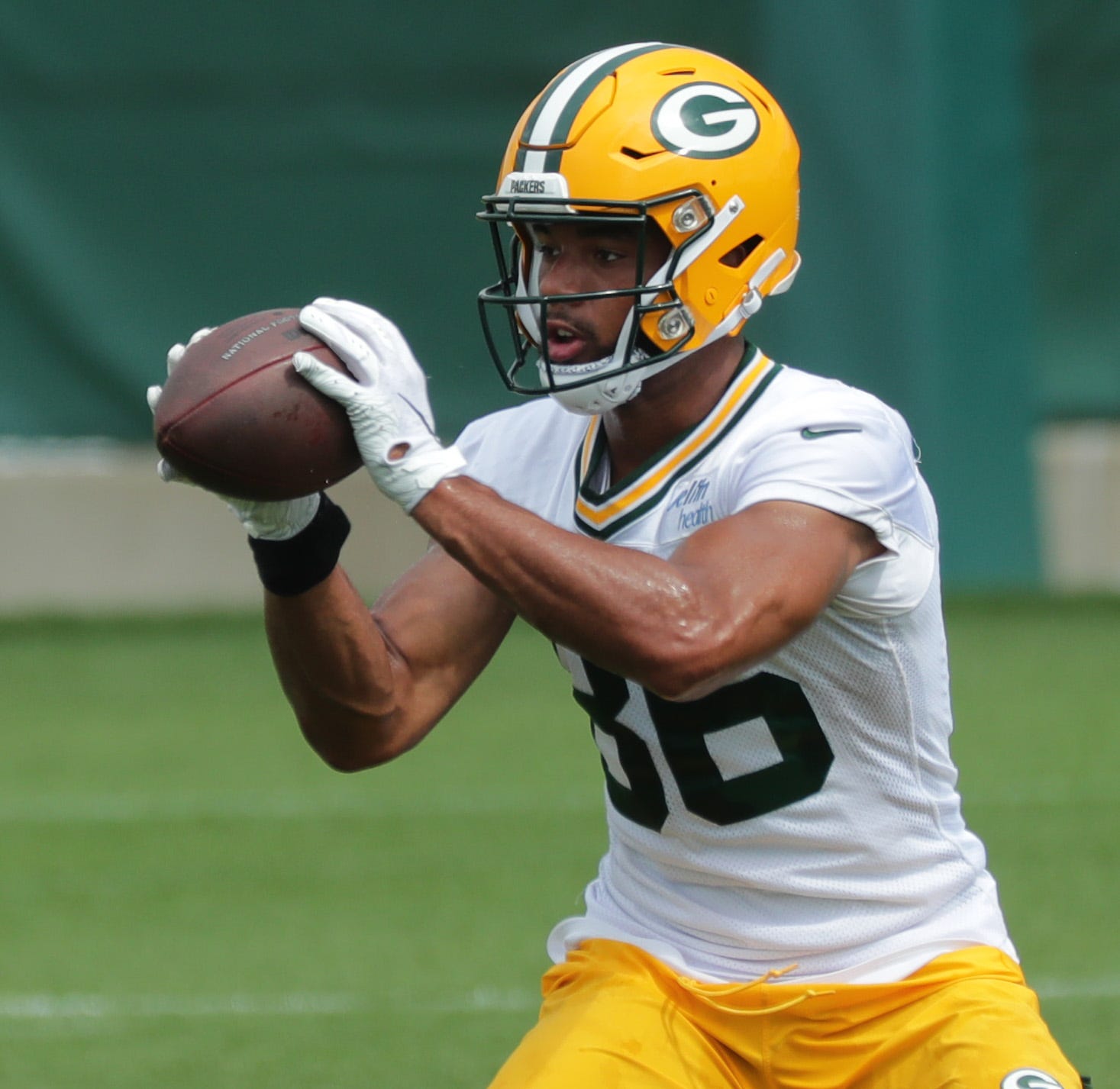 Green Bay Packers wide receiver Malik Taylor (86) is shown Saturday, Aug. 15, 2020, during the team's first practice at training camp in Green Bay, Wis.