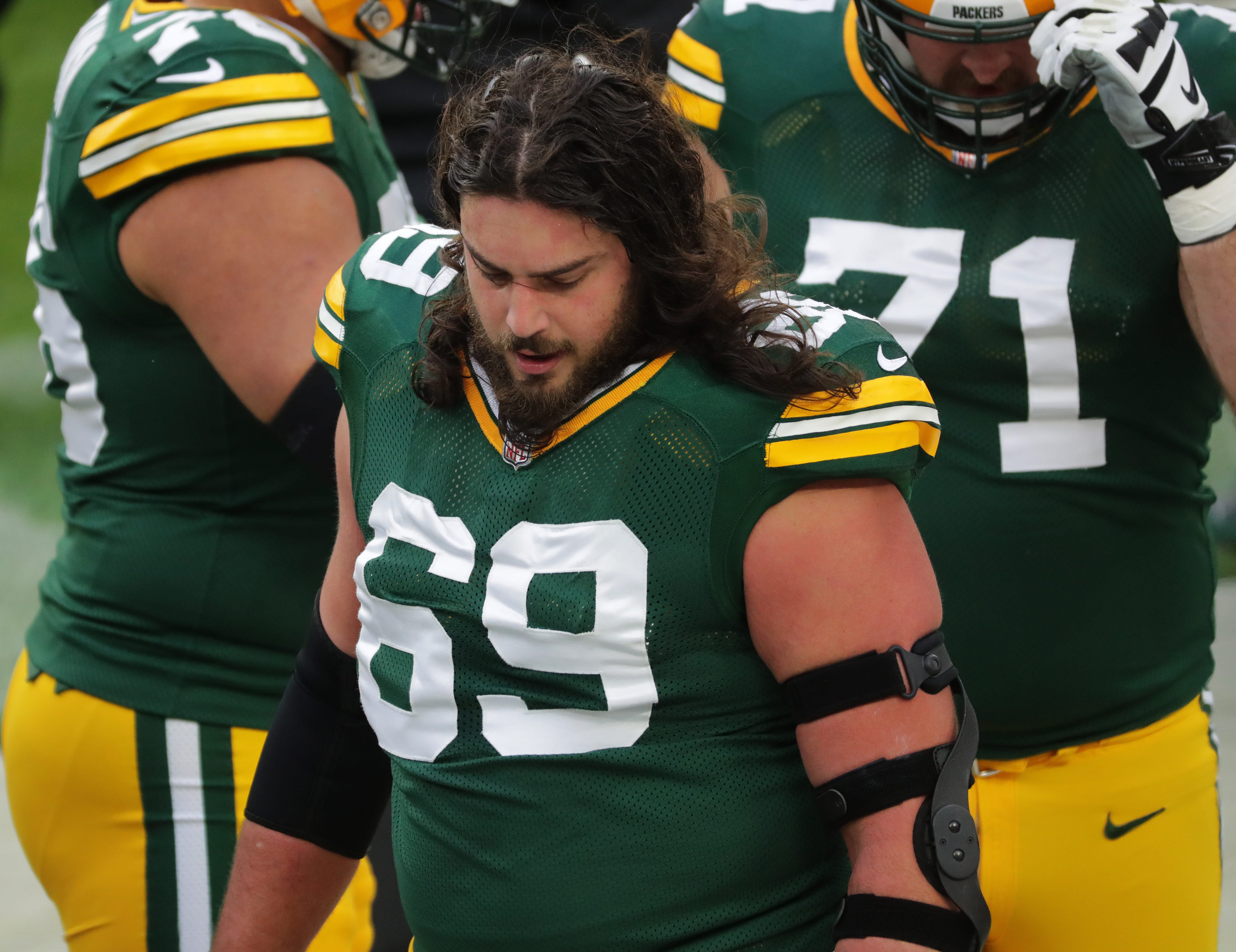 Green Bay Packers offensive tackle David Bakhtiari (69) comes off the field on fourth down during the second quarter of their game against the Jacksonville Jaguars at Lambeau Field in Green Bay, Wis.