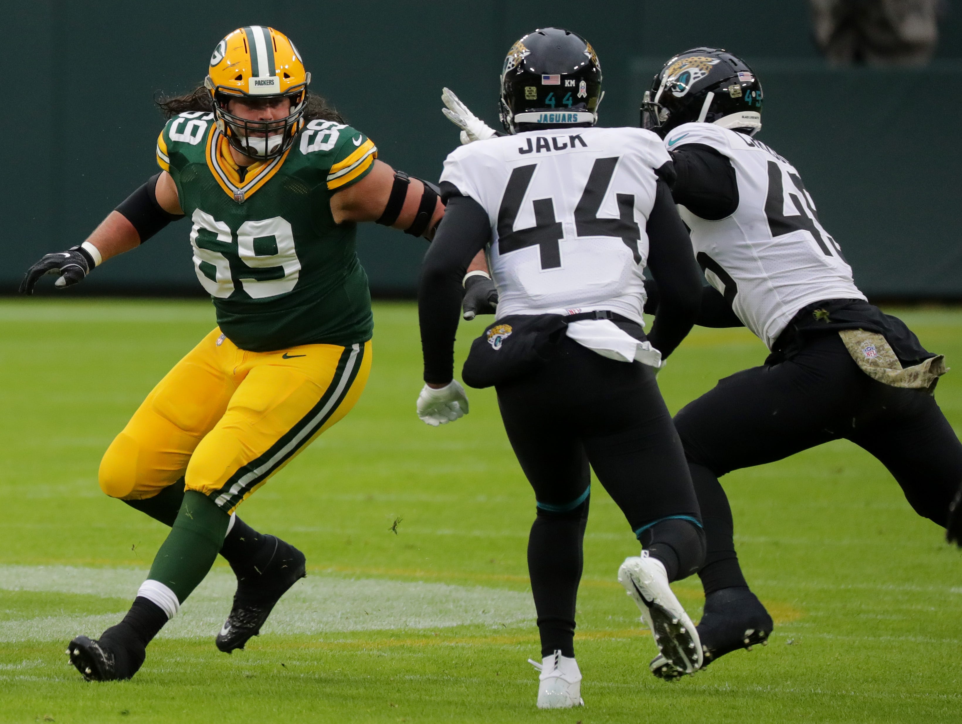 Green Bay Packers offensive tackle David Bakhtiari (69) provides pass protection during the first quarter of their game against the Jacksonville Jaguars at Lambeau Field in Green Bay, Wis.