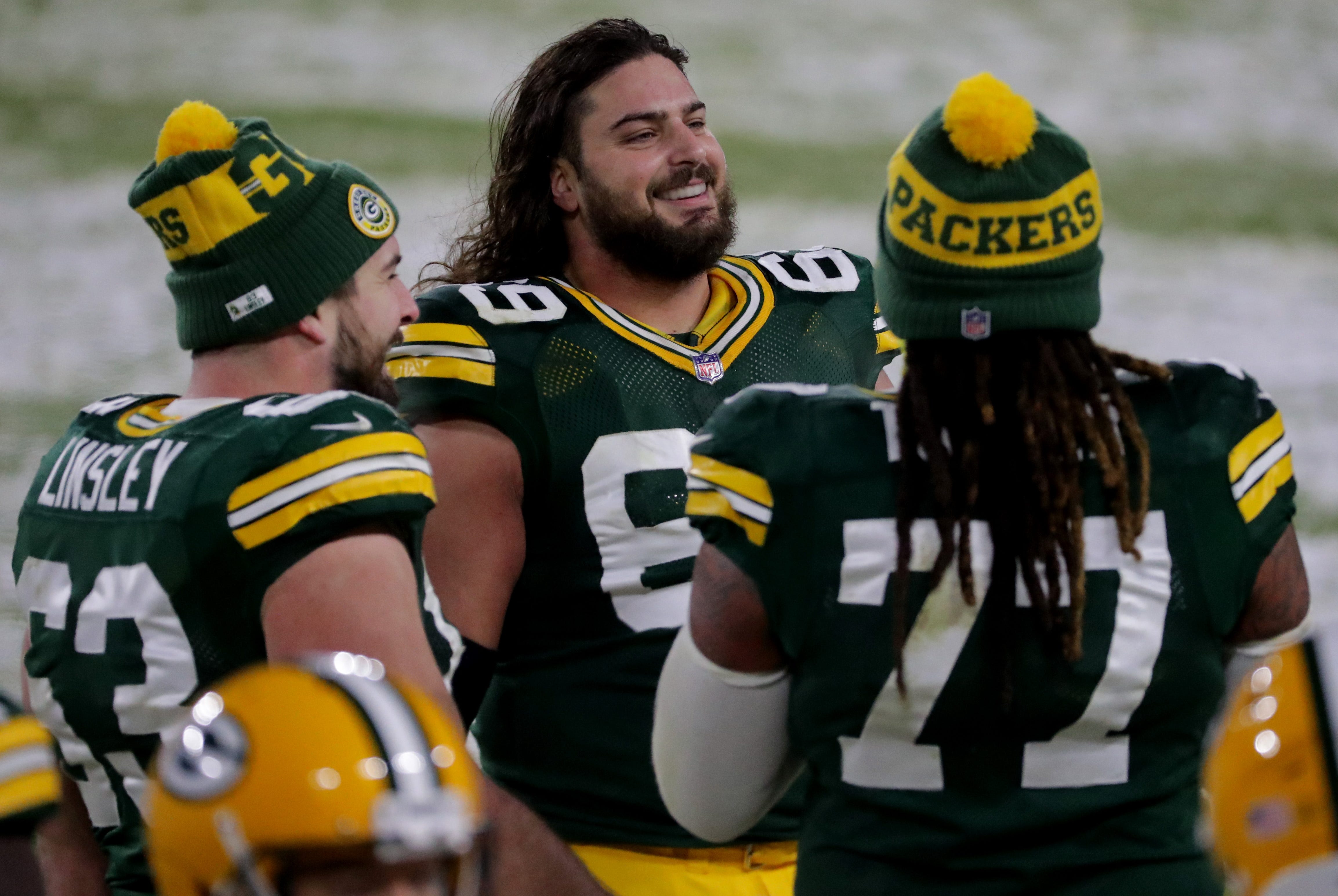 Green Bay Packers offensive tackle David Bakhtiari (69) is all smiles during the waning moments of the fourth quarter of their game Sunday, December 27, 2020 at Lambeau Field in Green Bay, Wis. The Green Bay Packers beat the Tennessee Titans 40-14.