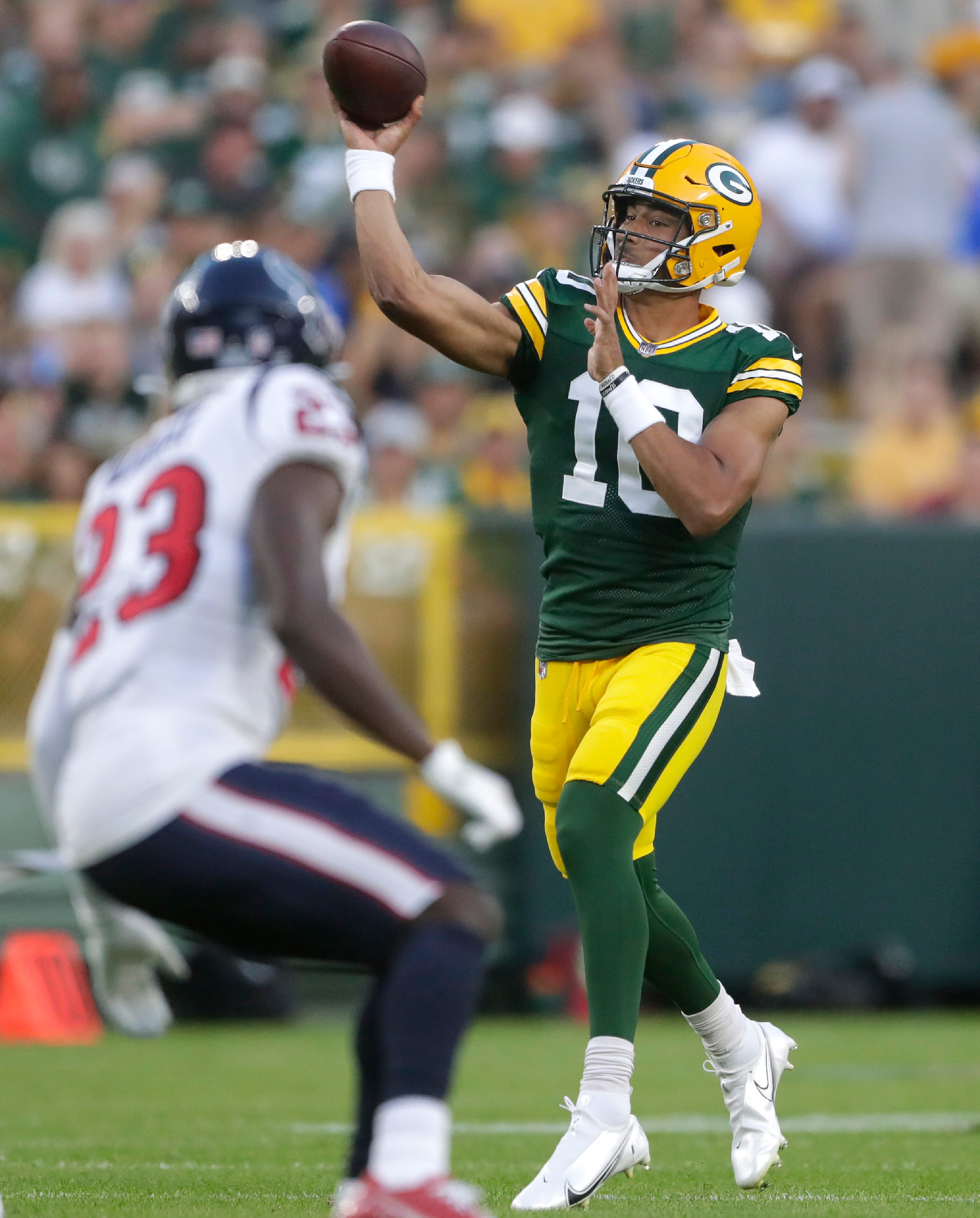 Green Bay Packers quarterback Jordan Love completed 12 of 17 passes for 122 yards and a touchdown against the Houston Texans in a preseason game on Saturday, Aug. 14, at Lambeau Field in Green Bay.