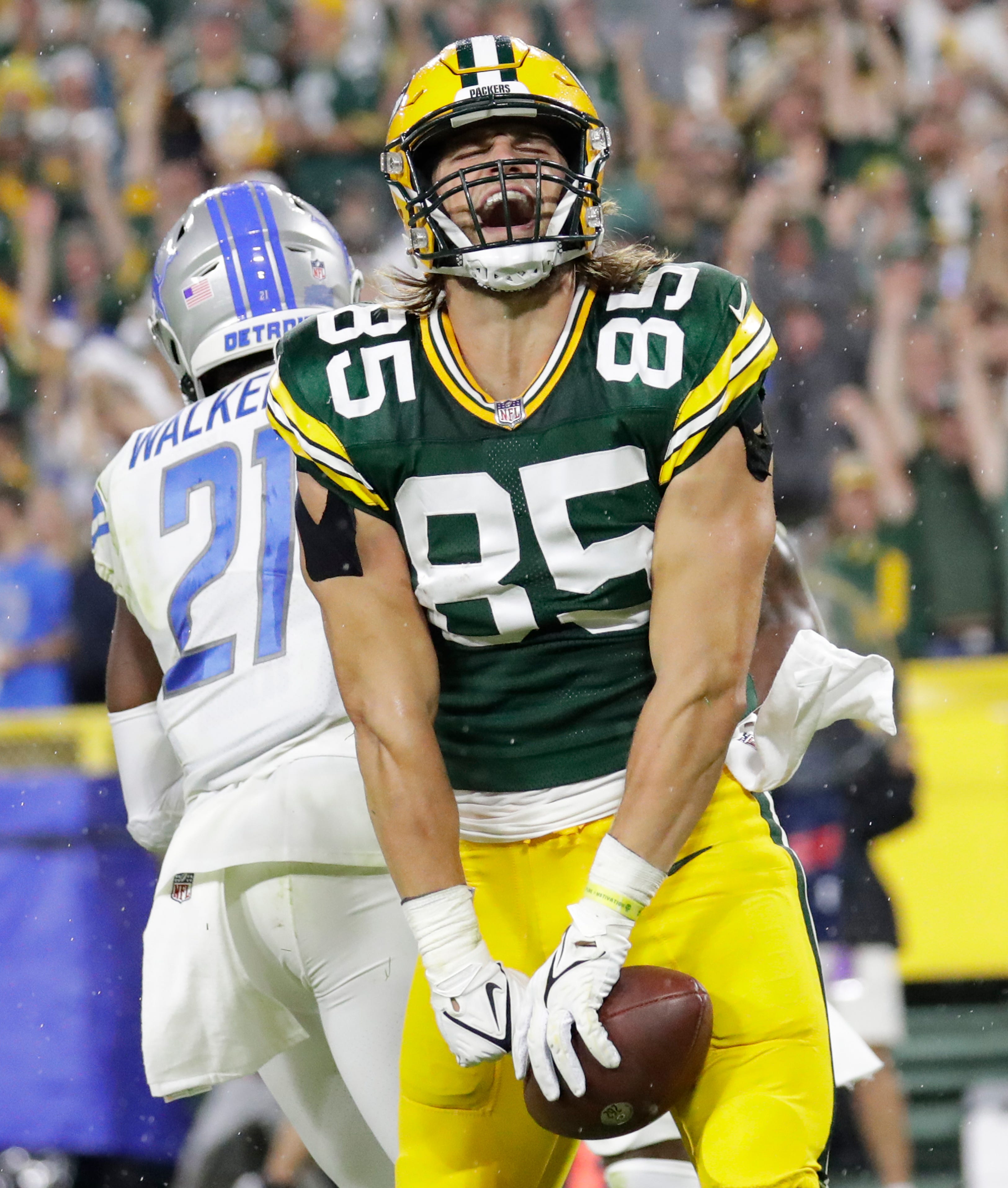Green Bay Packers tight end Robert Tonyan (85) celebrates scoring a touchdown against the Detroit Lions during their football game Monday, Sept. 20, 2021, at Lambeau Field in Green Bay.
