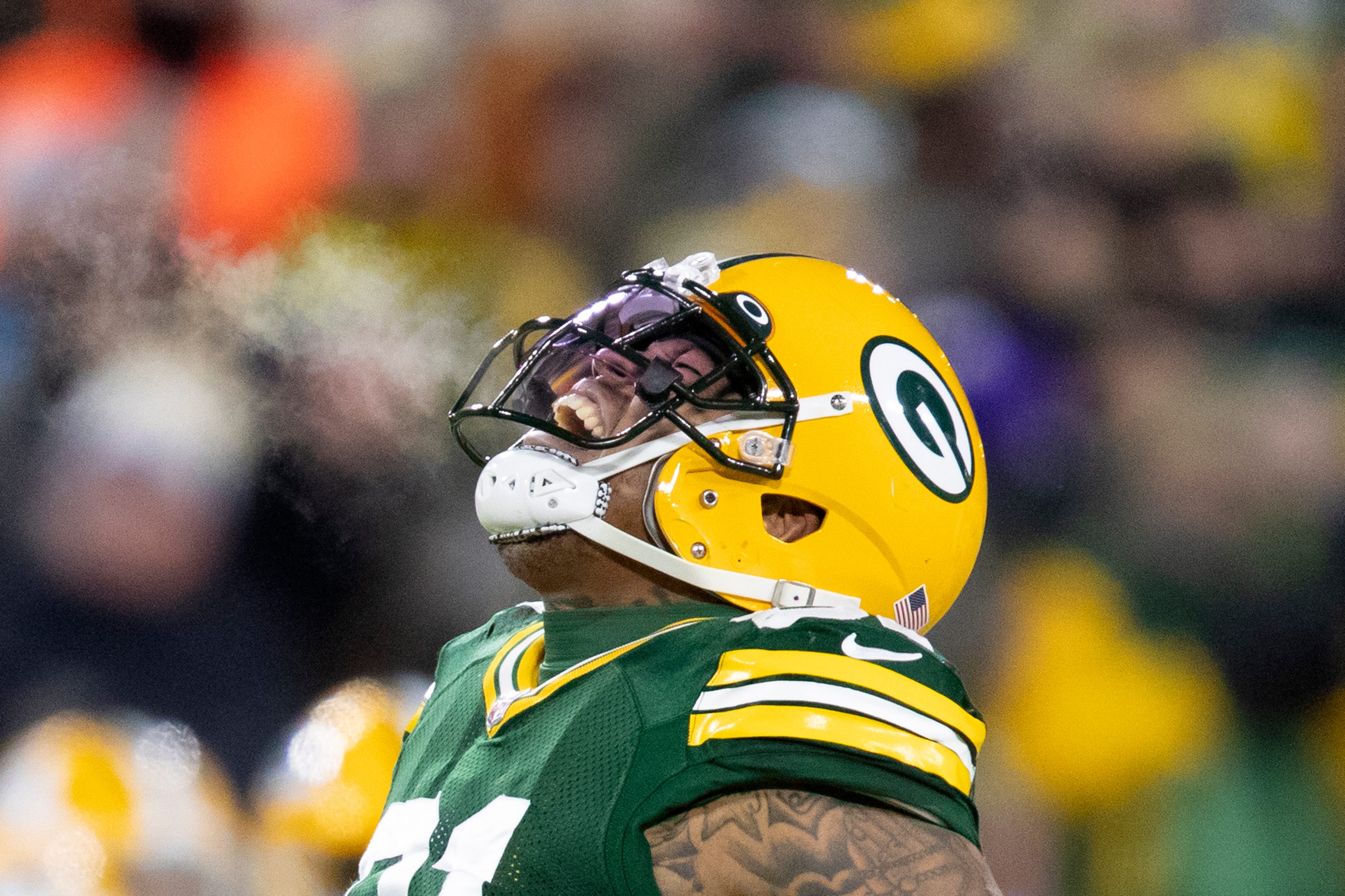 Green Bay Packers outside linebacker Preston Smith (91) celebrates in the second quarter against the Minnesota Vikings, Sunday, January 2, 2022, at Lambeau Field in Green Bay, Wis. Samantha Madar/USA TODAY NETWORK-Wisconsin