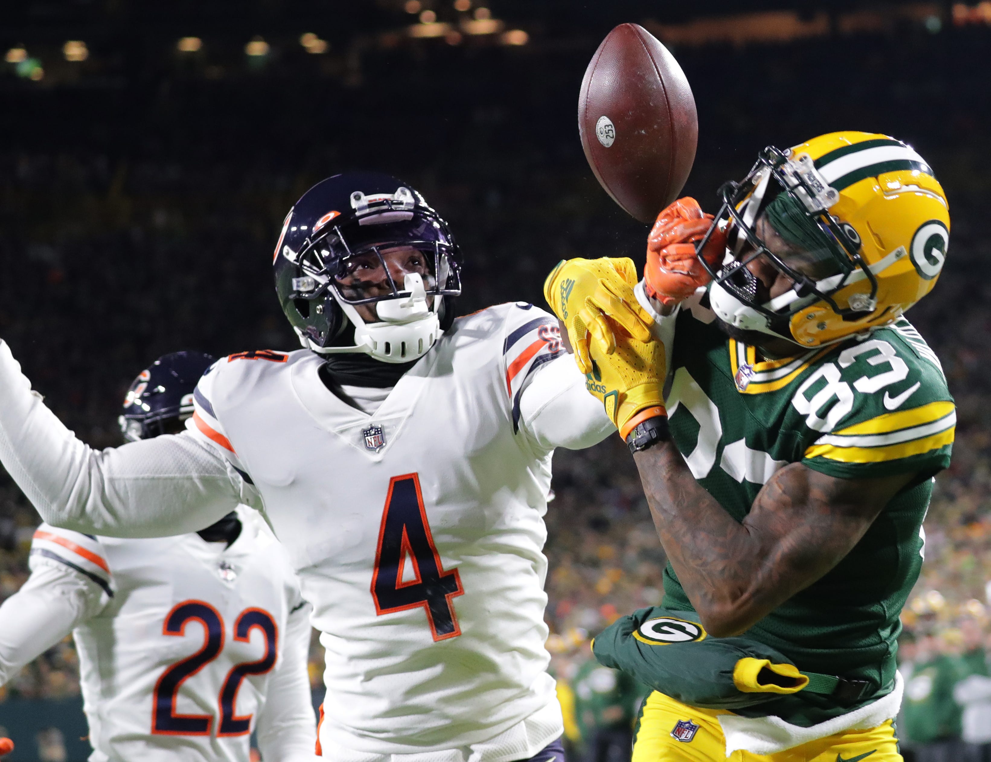 Chicago Bears safety Eddie Jackson (4) break up a pas sin the end zone intended for Green Bay Packers wide receiver Marquez Valdes-Scantling (83) during the second  quarter of their game Sunday, December 12, 2021 at Lambeau Field in Green Bay, Wis. The Green Bay Packers beat the Chicago Bears 45-30.