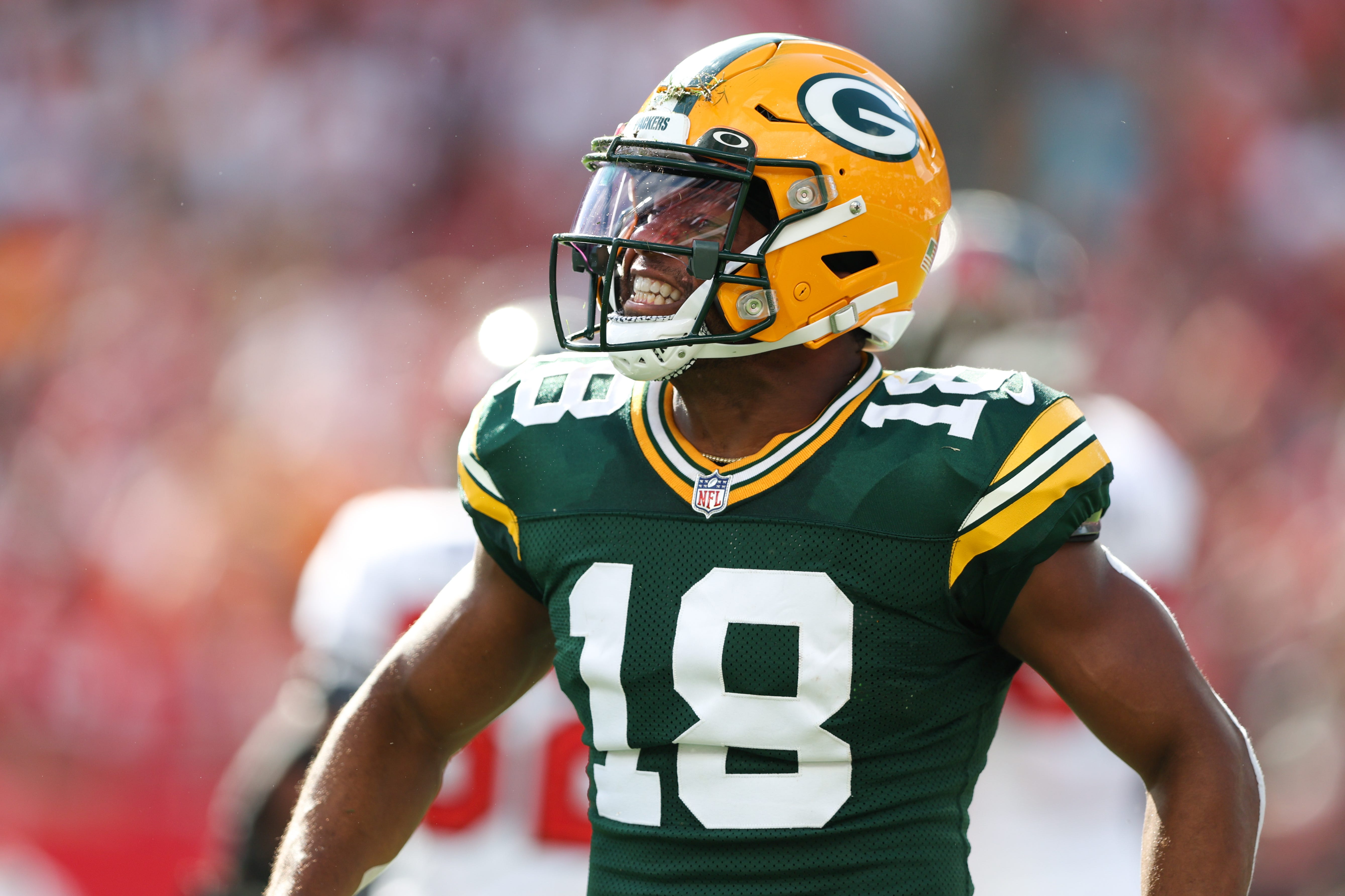 Green Bay Packers wide receiver Randall Cobb (18) reacts after a run against the Tampa Bay Buccaneers in the first quarter on Sept. 25, 2022, at Raymond James Stadium in Tampa, Florida.