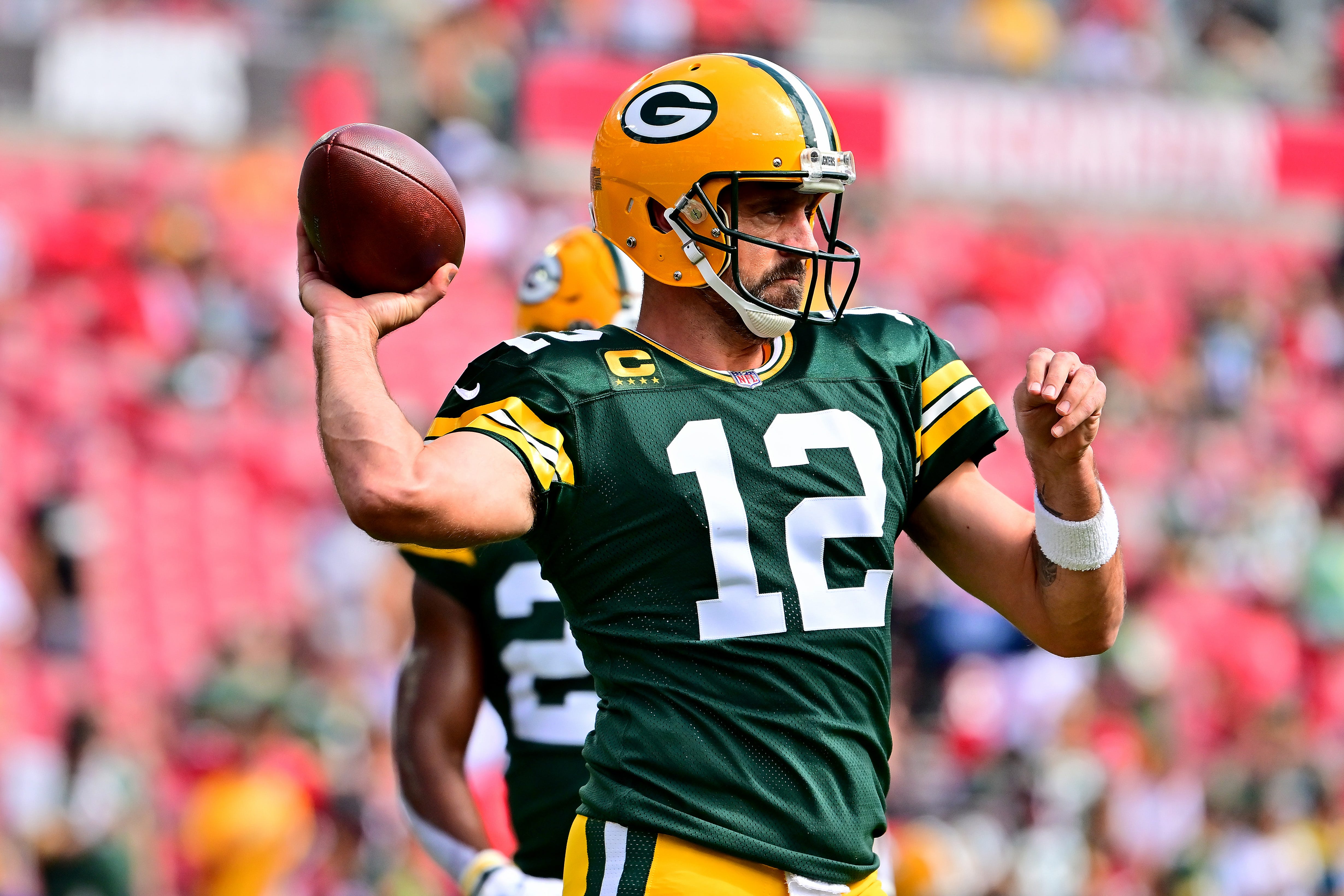 Packers quarterback Aaron Rodgers warms up prior to the game against the Tampa Bay Buccaneers on Sept. 25, 2022, at Raymond James Stadium in Tampa, Florida.