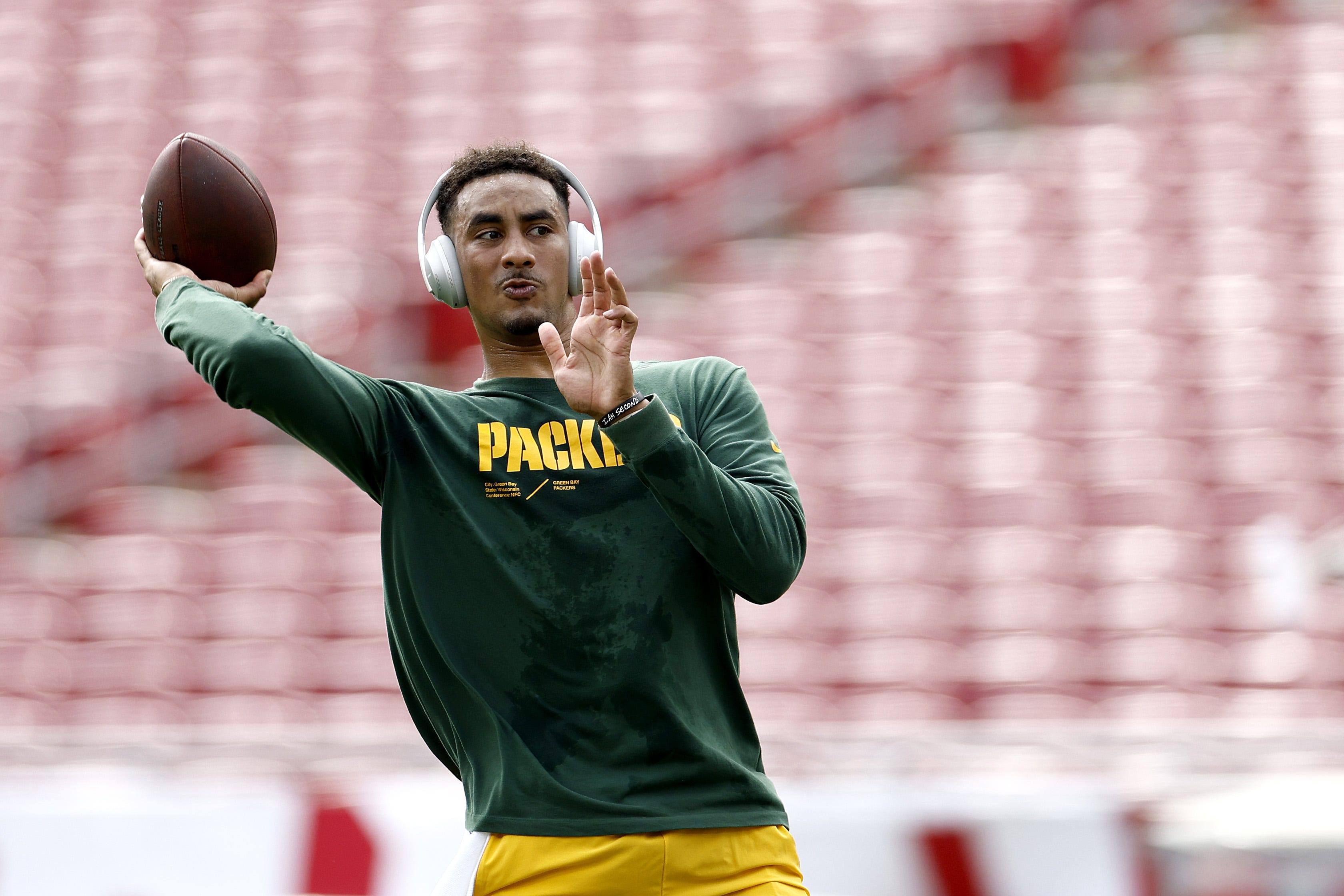 Packers backup quarterback Jordan Love warms up prior to the game against the Tampa Bay Buccaneers on Sept. 25, 2022, at Raymond James Stadium in Tampa, Florida.