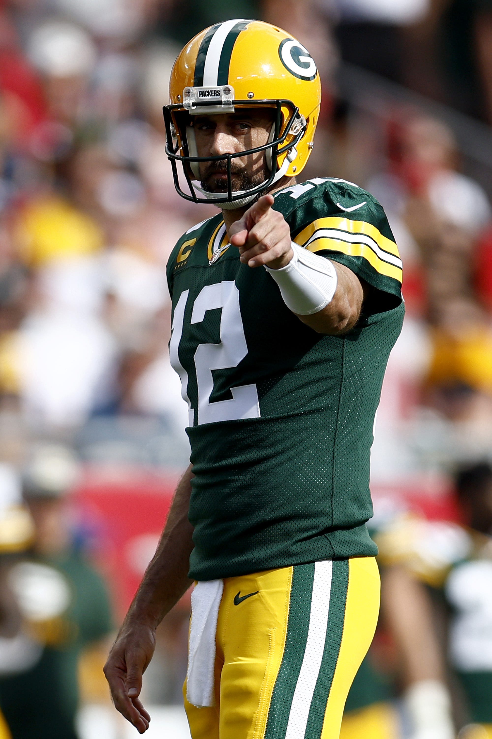 Packers quarterback Aaron Rodgers completed 15 for 18 passes with two touchdowns in the first half against the Tampa Bay Buccaneers in the game on Sept. 25, 2022, at Raymond James Stadium in Tampa, Florida.