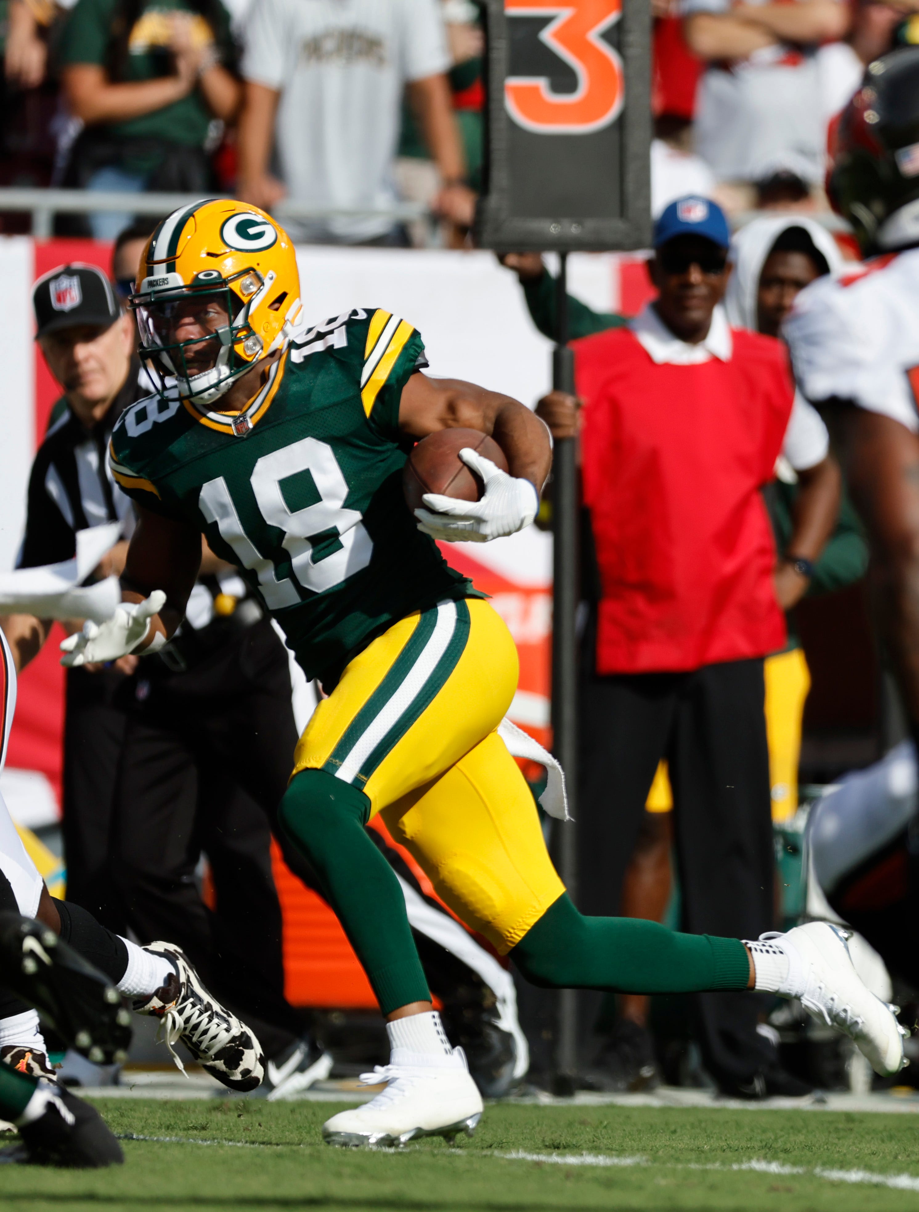Green Bay Packers wide receiver Randall Cobb (18) had two catches for 57 yards in the first half, including a 40-yard reception, against the Tampa Bay Buccaneers on Sept. 25, 2022, at Raymond James Stadium in Tampa, Florida.