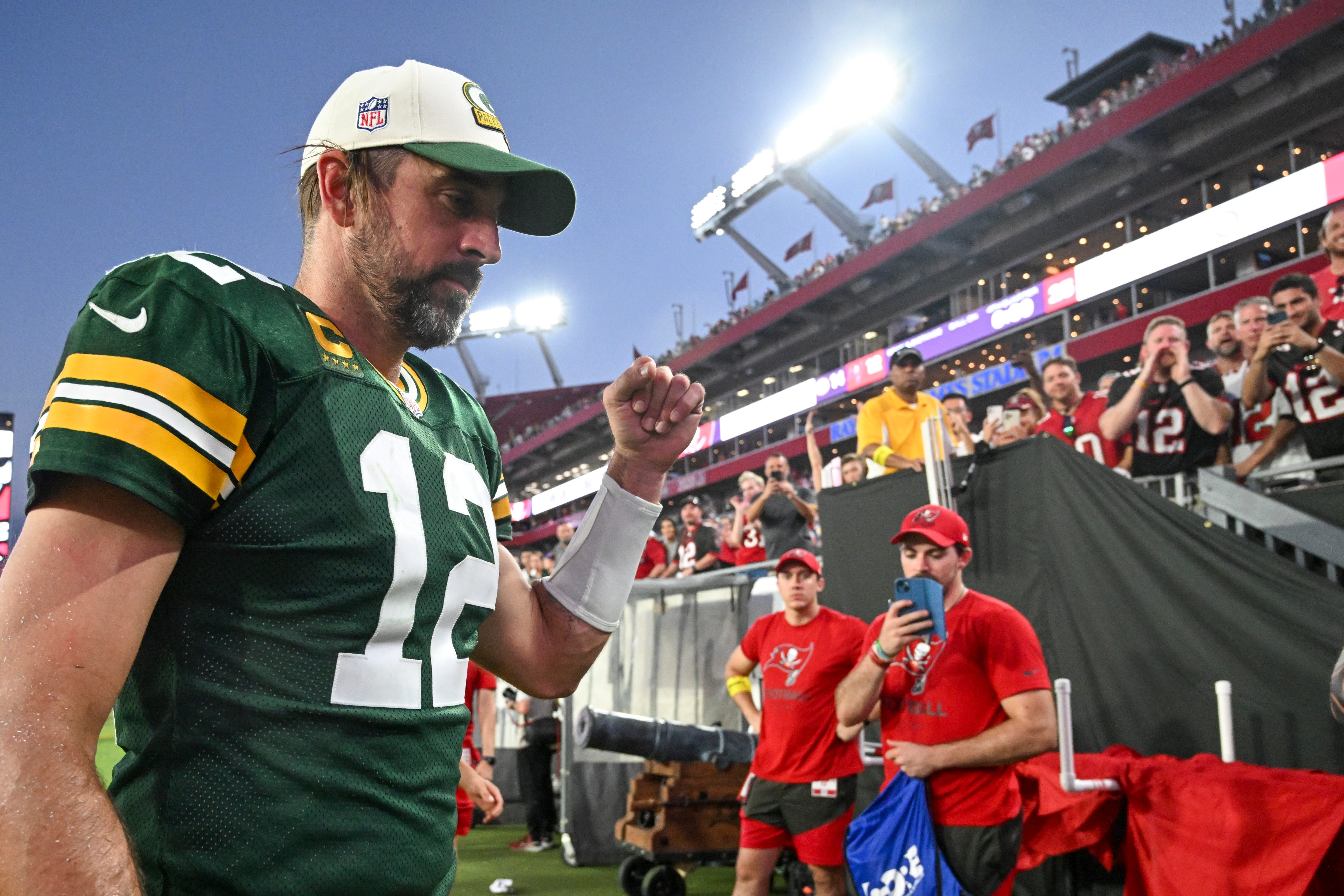 Aaron Rodgers reacts as he walks off the field after the Packers defeated the Buccaneers, 14-12, on Sunday, Sept. 25, 2022, in Tampa, Florida.